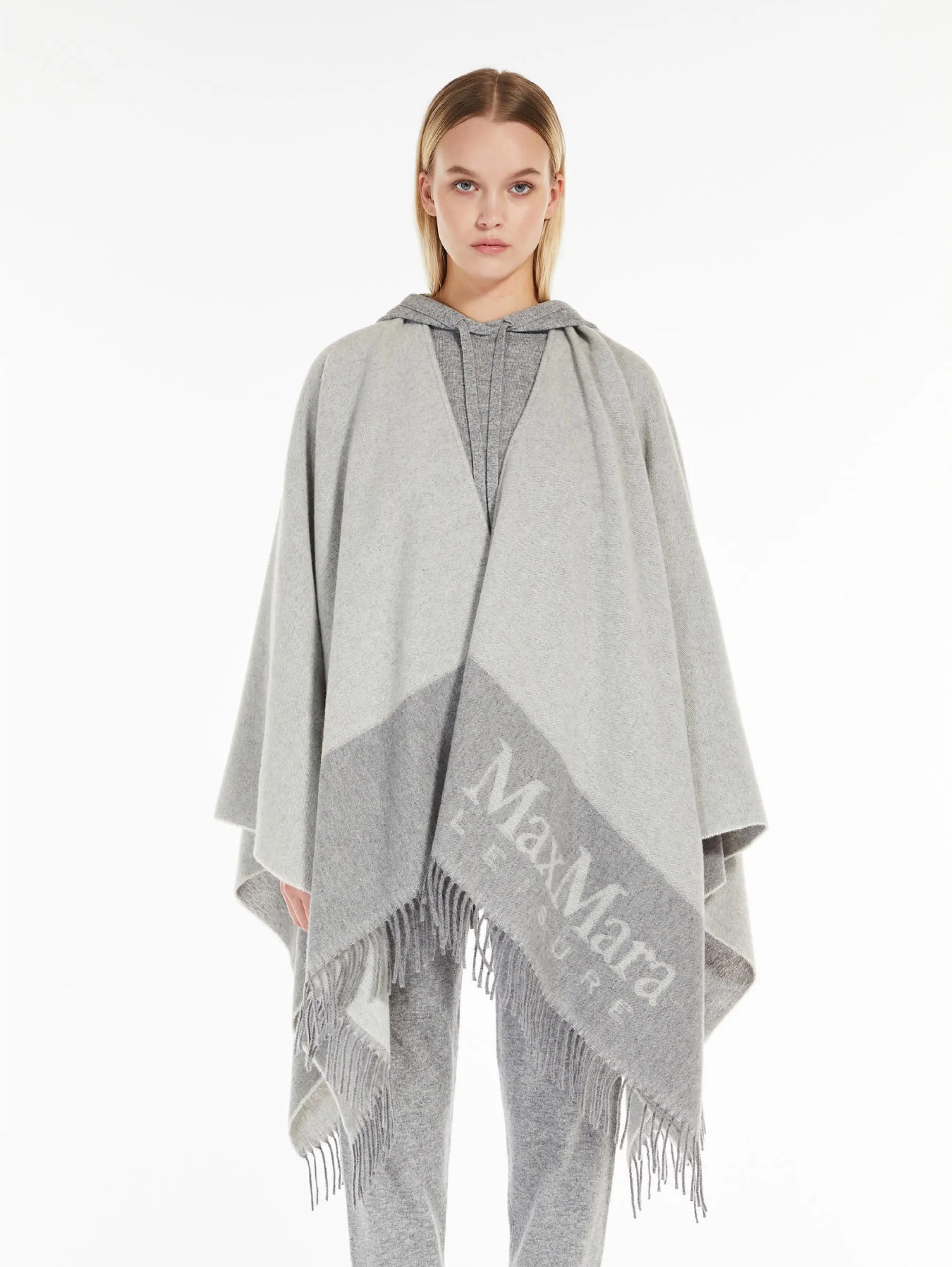 Poncho con Frange e Logo Jacquard Grigio