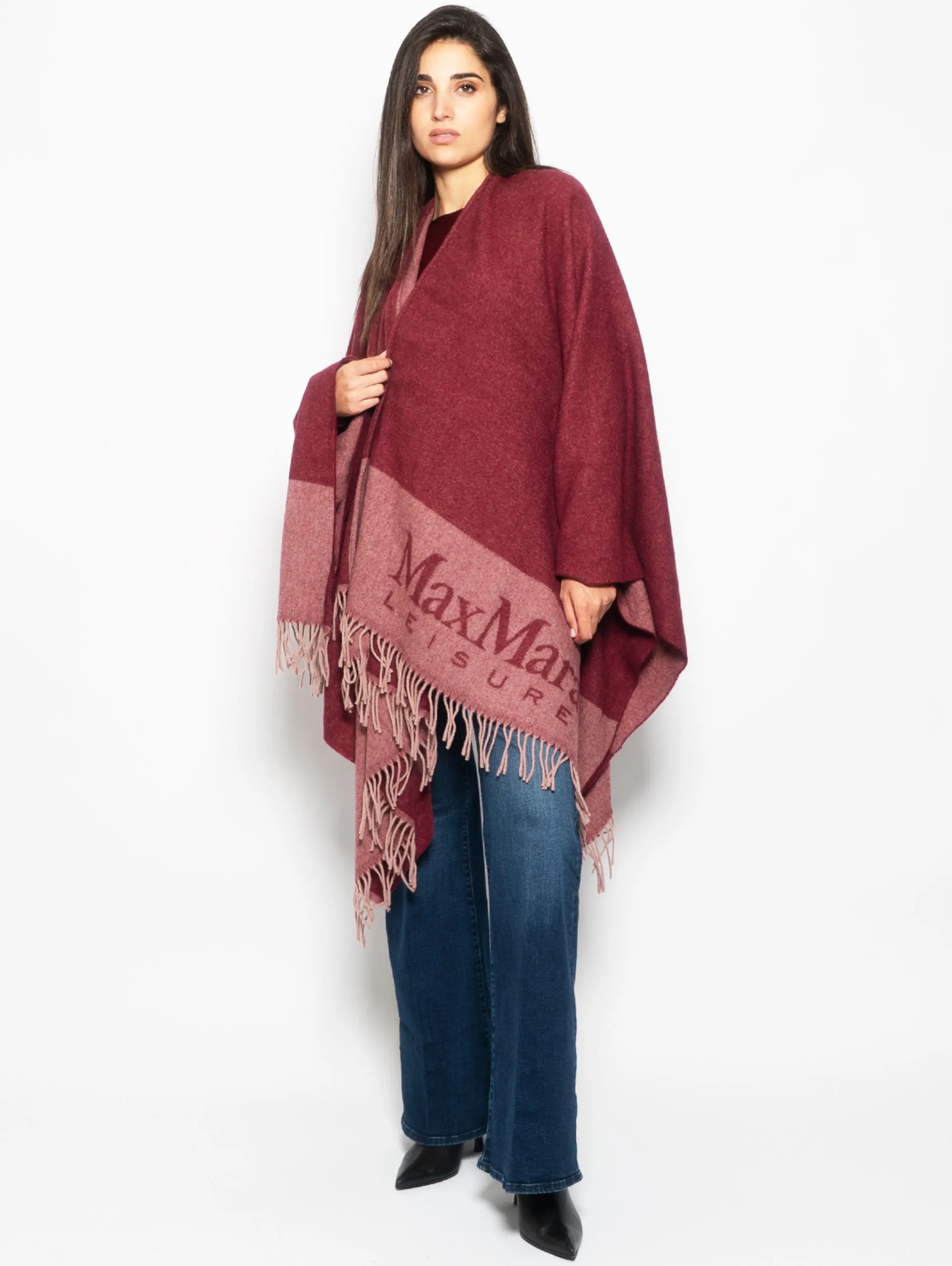 Poncho con Frange e Logo Jacquard Mattone