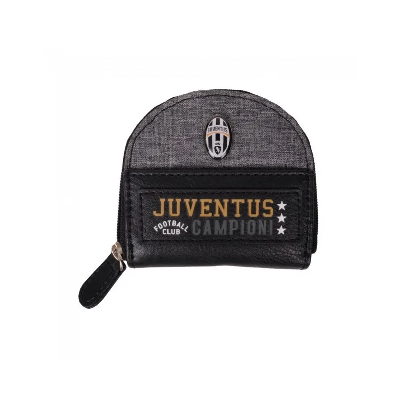 PORTAMONETE TACCO FC JUVENTUS ECOPELLE NERO E GRIGIO CON ZIP 8,5X8CM.70%PU30%PL.PRODOTTO UFFICIALE ENZO CASTELLANO