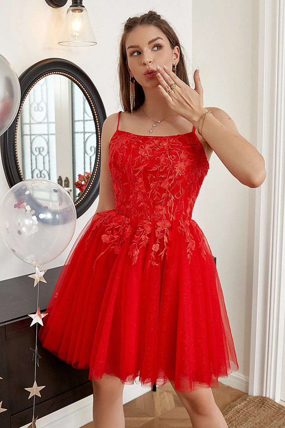 Rosso A-line Carino Abito homecoming con Appliques