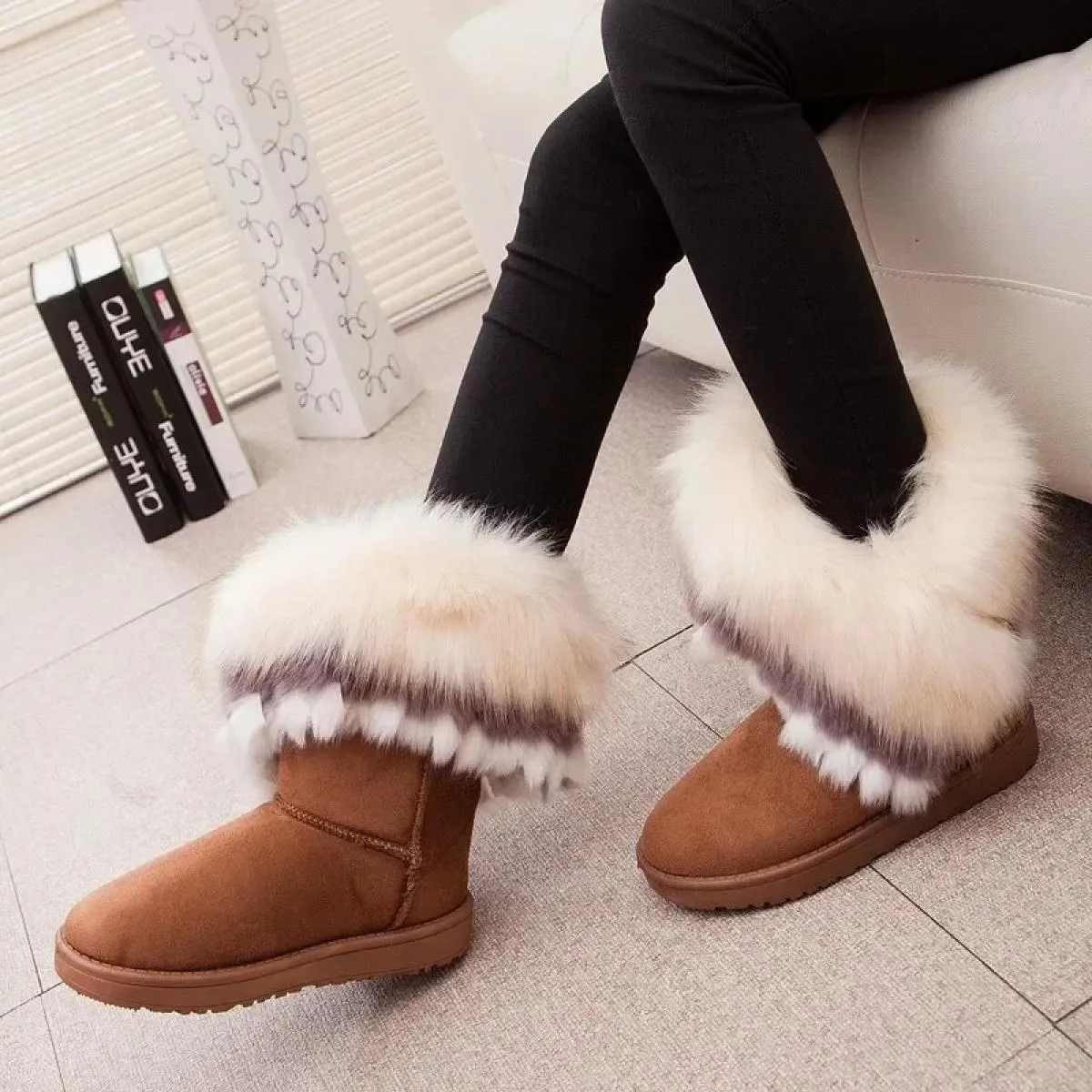 Scarpe basse da donna di alta qualità, rivestimento in pelle scamosciata, stivali da neve, stivale da donna invernale in peluche