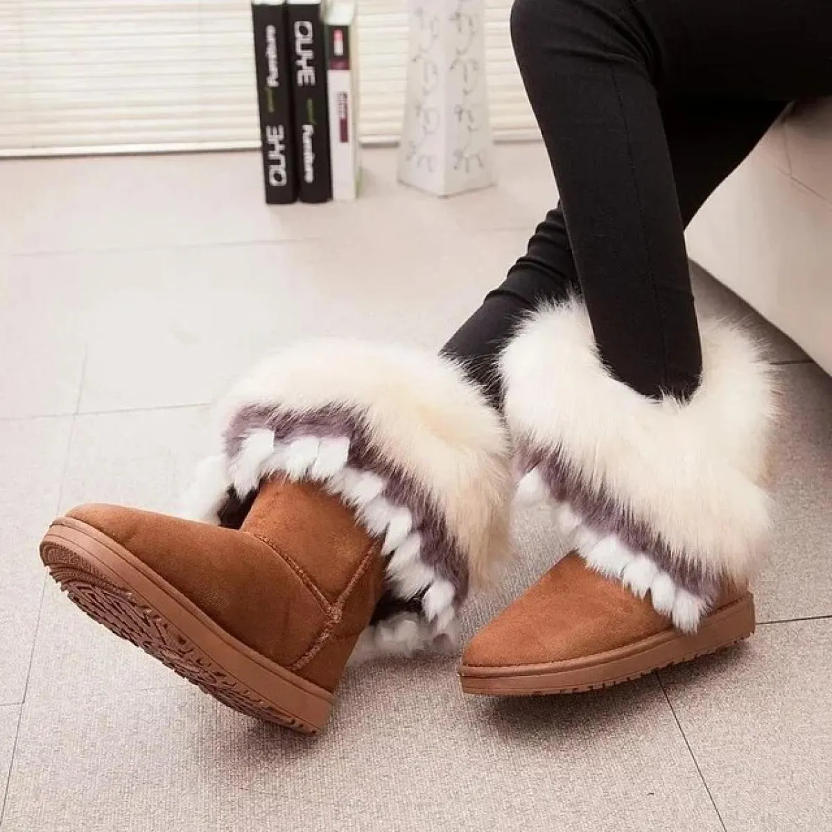 Scarpe basse da donna di alta qualità, rivestimento in pelle scamosciata, stivali da neve, stivale da donna invernale in peluche