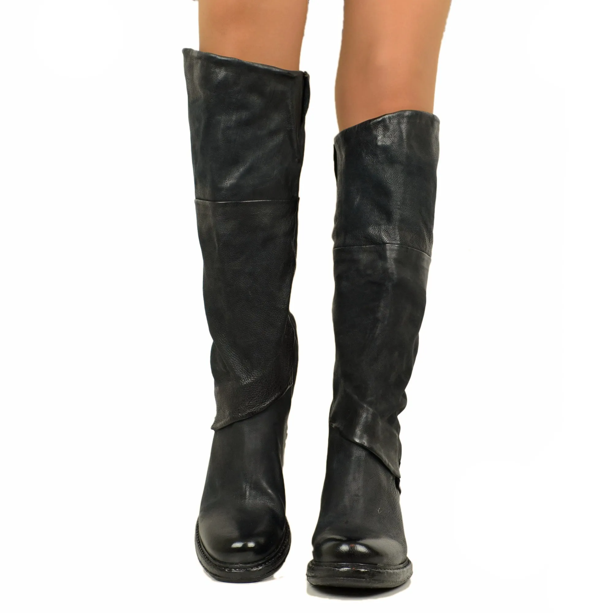 Stivali Biker Donna Alti in Pelle Neri A.S.98 con Zip