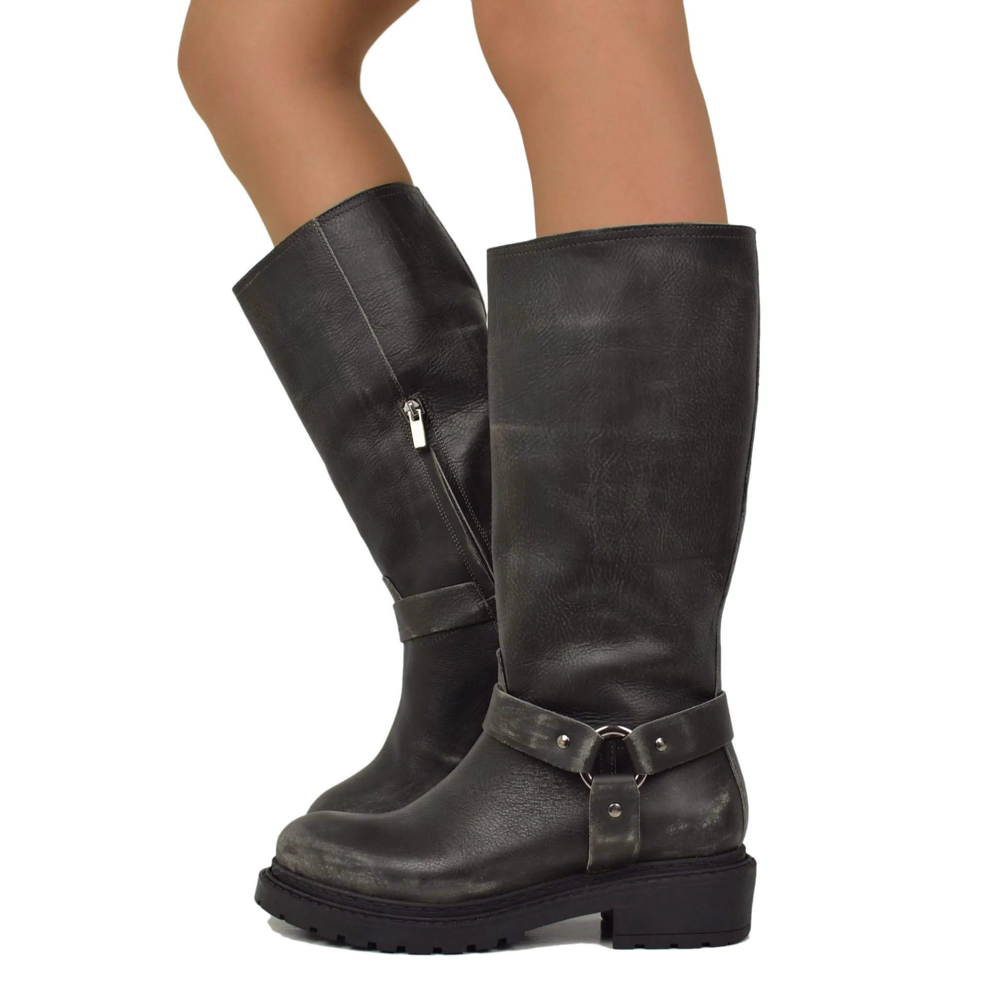 Stivali Biker Police Donna in Pelle Antracite Effetto Used Graffiato Made in Italy