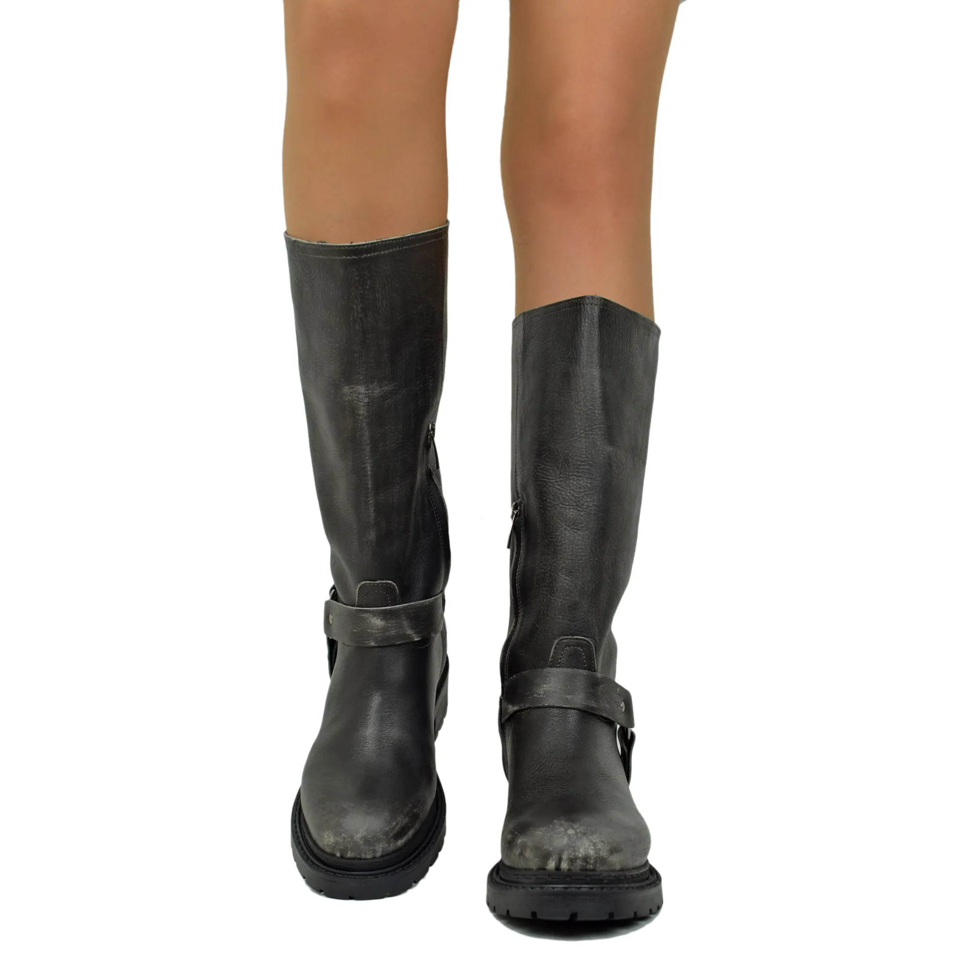 Stivali Biker Police Donna in Pelle Antracite Effetto Used Graffiato Made in Italy