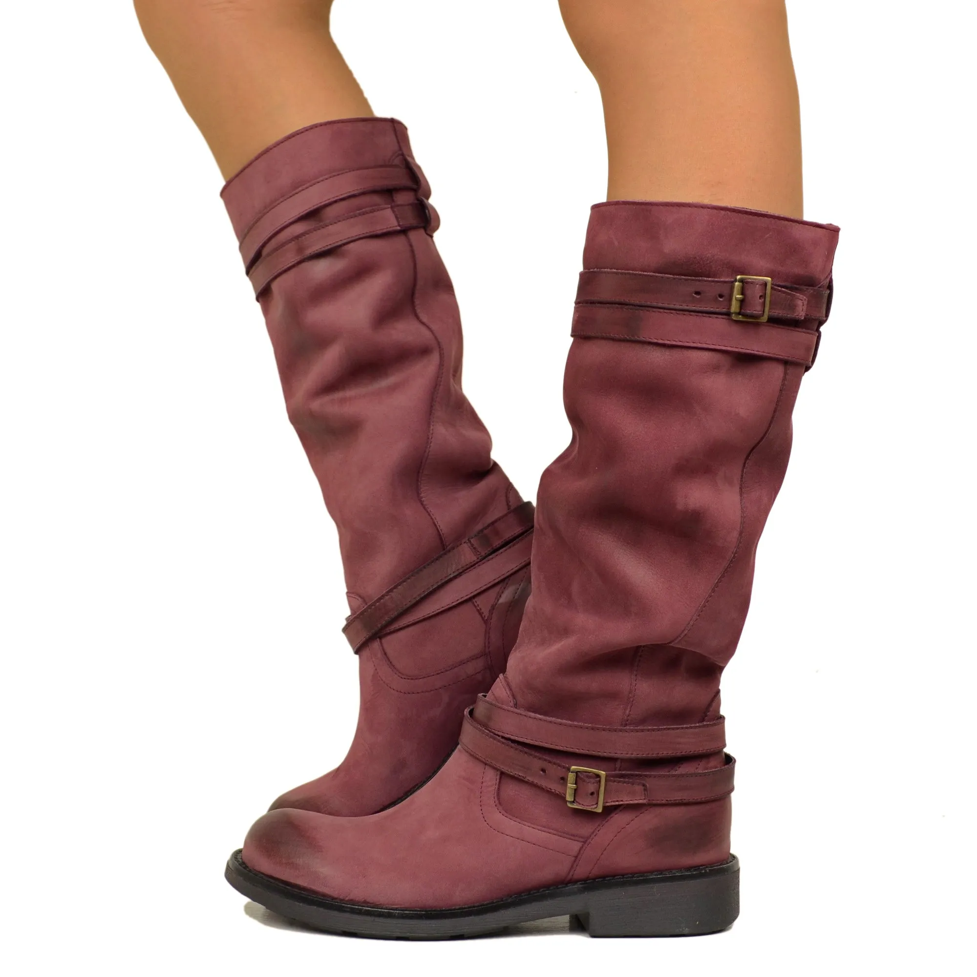 Stivali Camperos Alti Donna in Pelle Vintage Sfumata Bordeaux