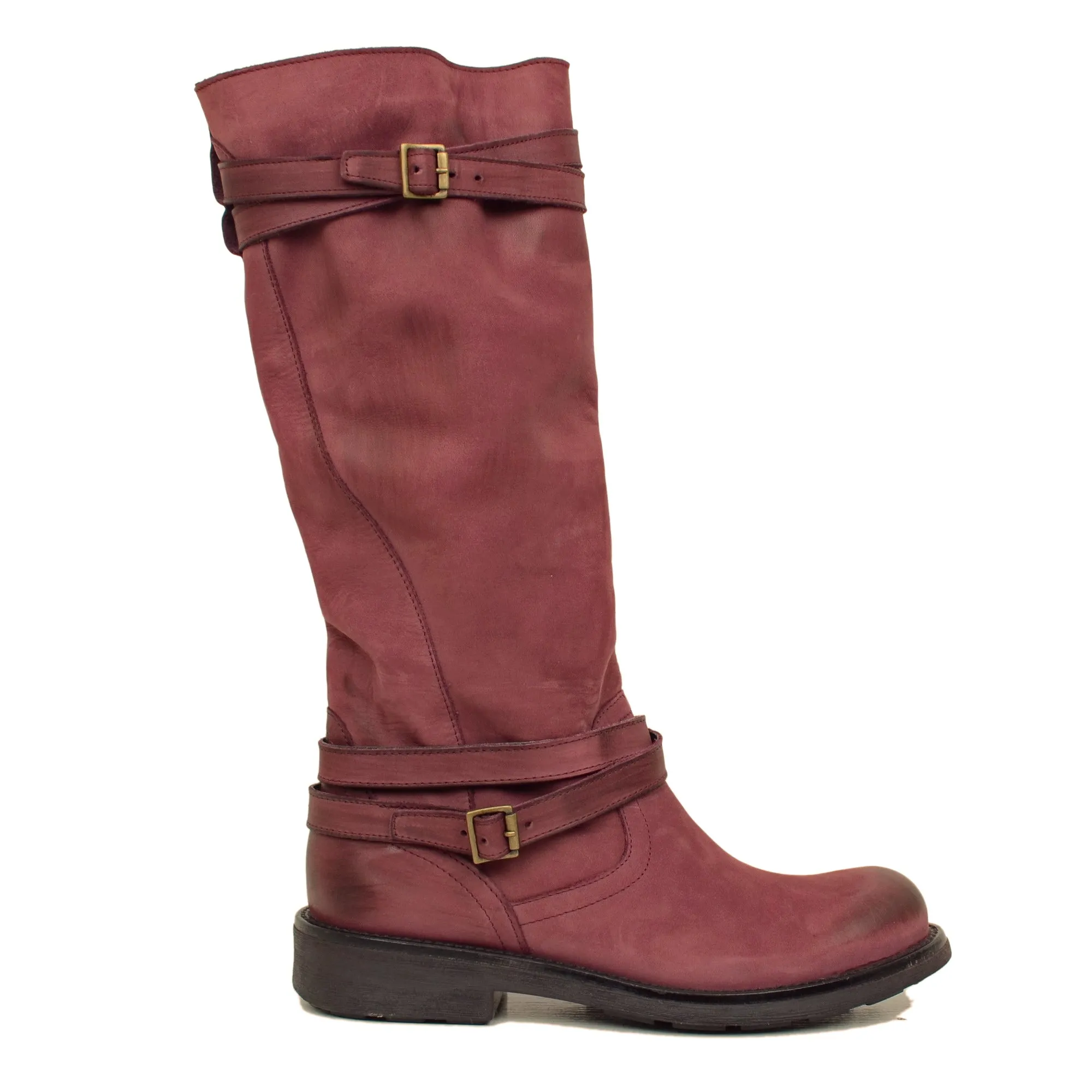 Stivali Camperos Alti Donna in Pelle Vintage Sfumata Bordeaux
