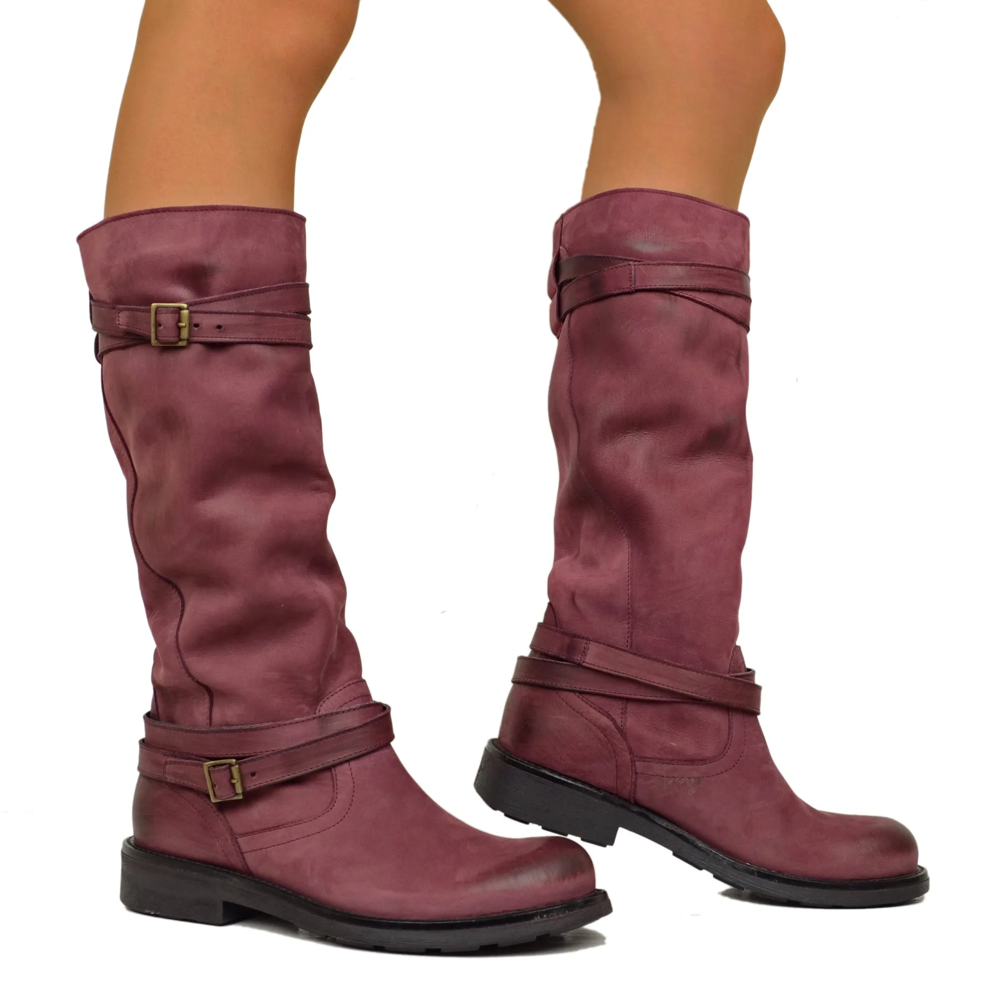 Stivali Camperos Alti Donna in Pelle Vintage Sfumata Bordeaux