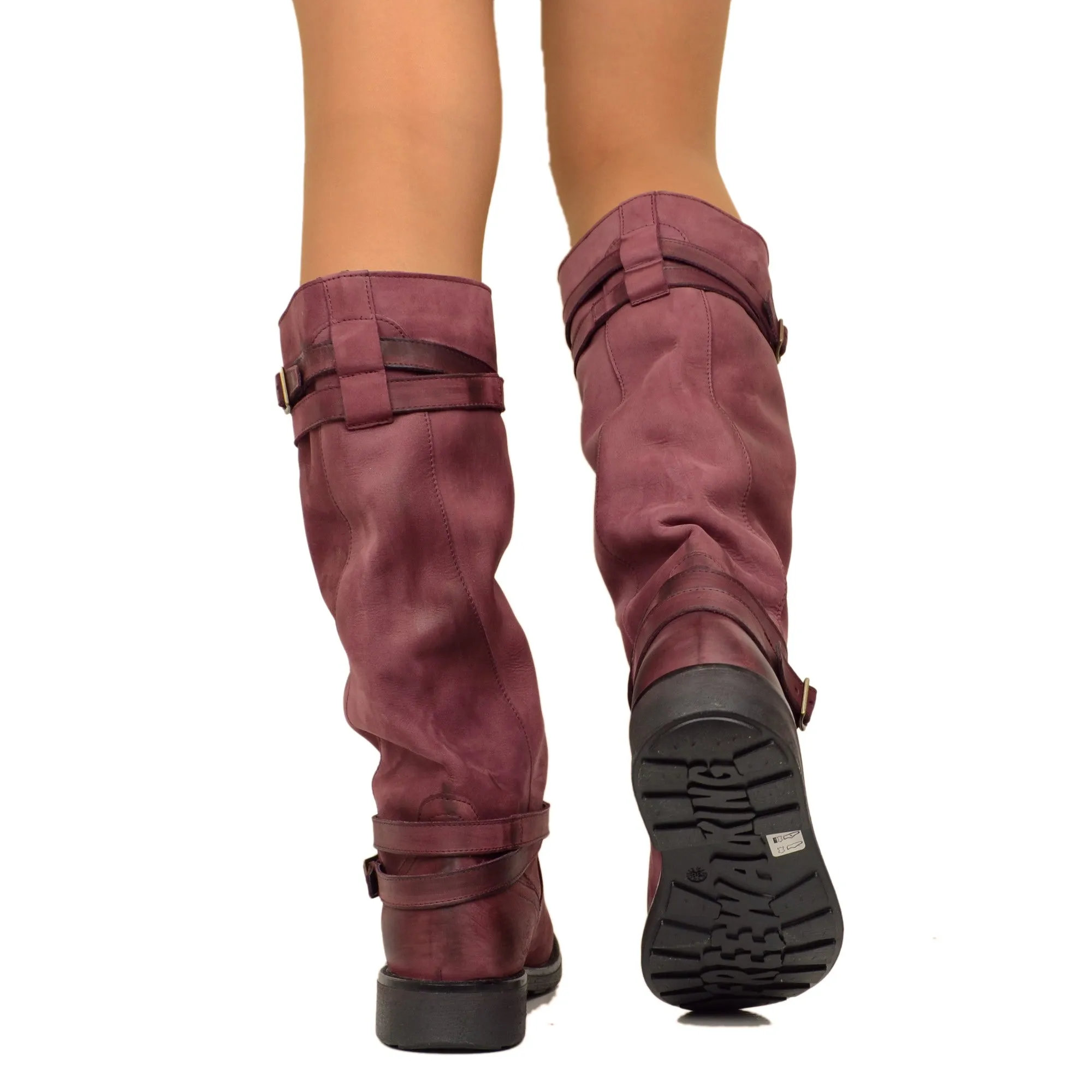 Stivali Camperos Alti Donna in Pelle Vintage Sfumata Bordeaux