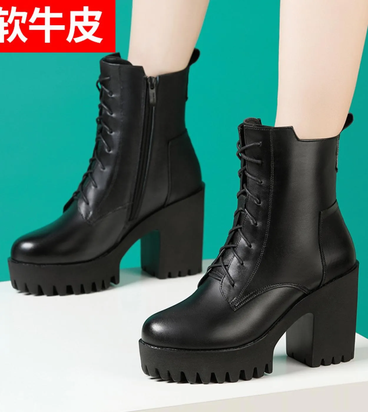 Stivali con plateau in vera pelle Stivali Scarpe con zeppa in pelle Scarpe da donna autentiche