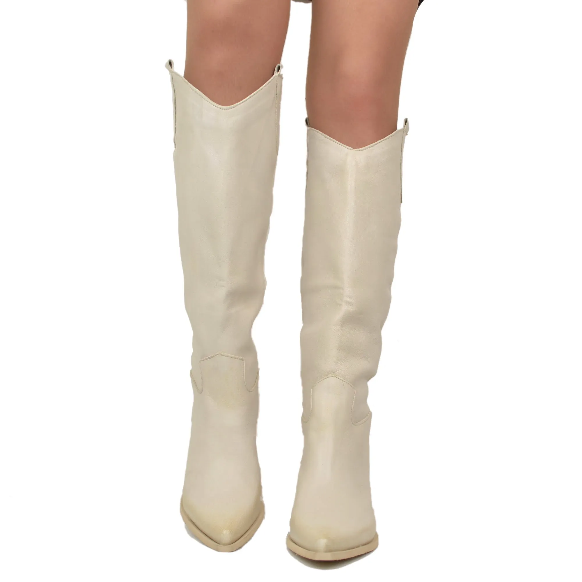 Stivali Donna Texani in Pelle color Sabbia Made in Italy