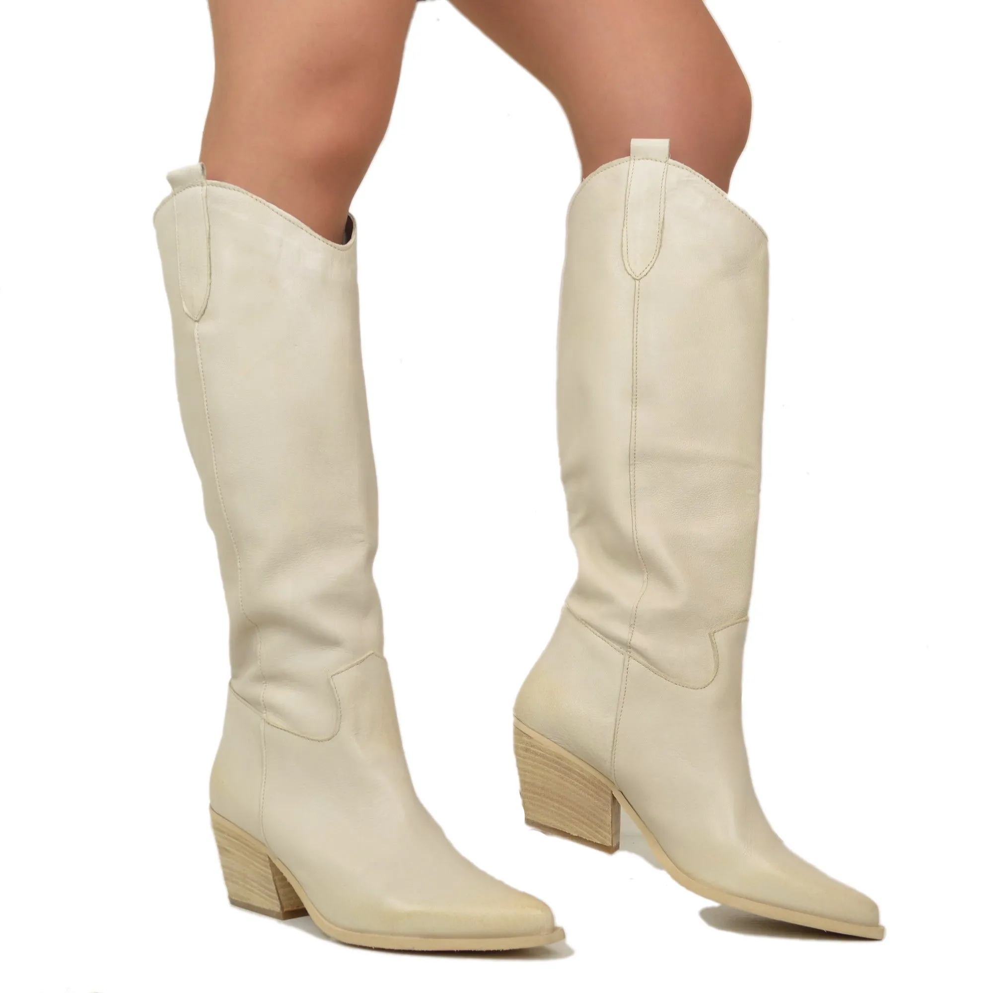 Stivali Donna Texani in Pelle color Sabbia Made in Italy