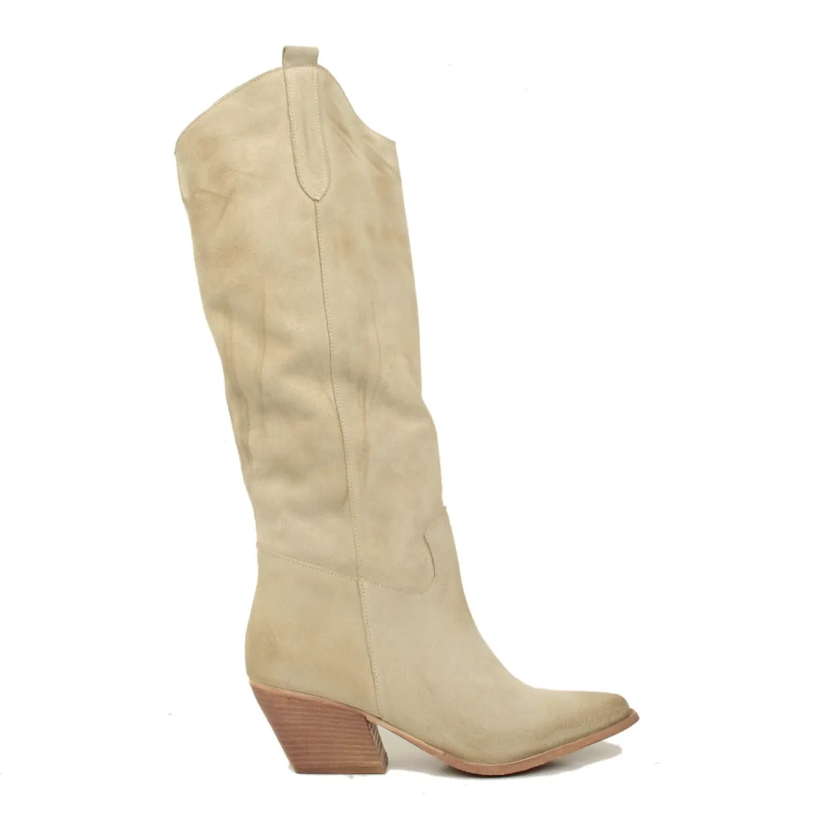 Stivali Donna Texani in Pelle Scamosciata Beige Made in Italy