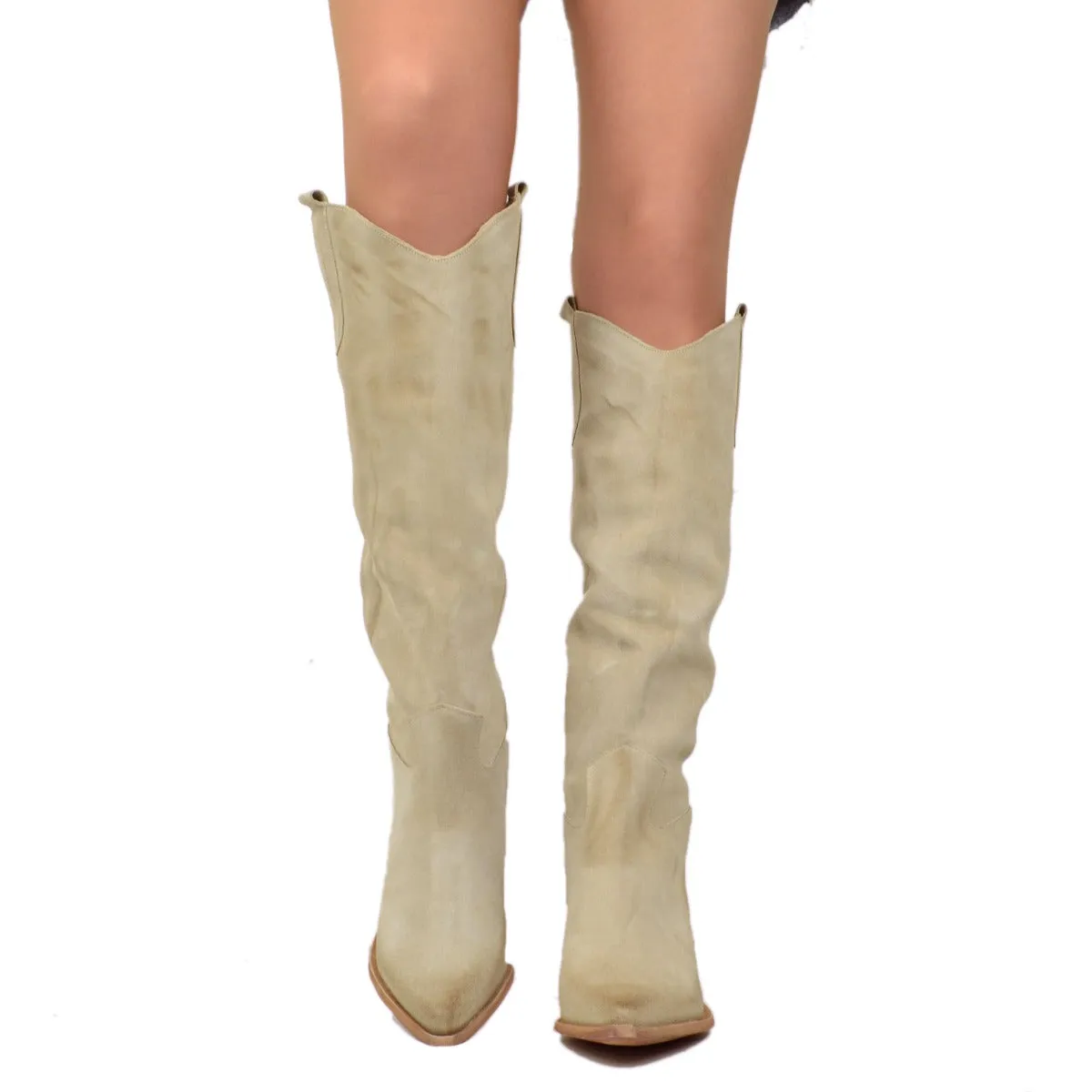 Stivali Donna Texani in Pelle Scamosciata Beige Made in Italy