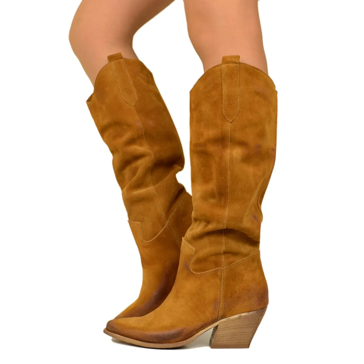 Stivali Donna Texani in Pelle Scamosciata Cuoio Made in Italy
