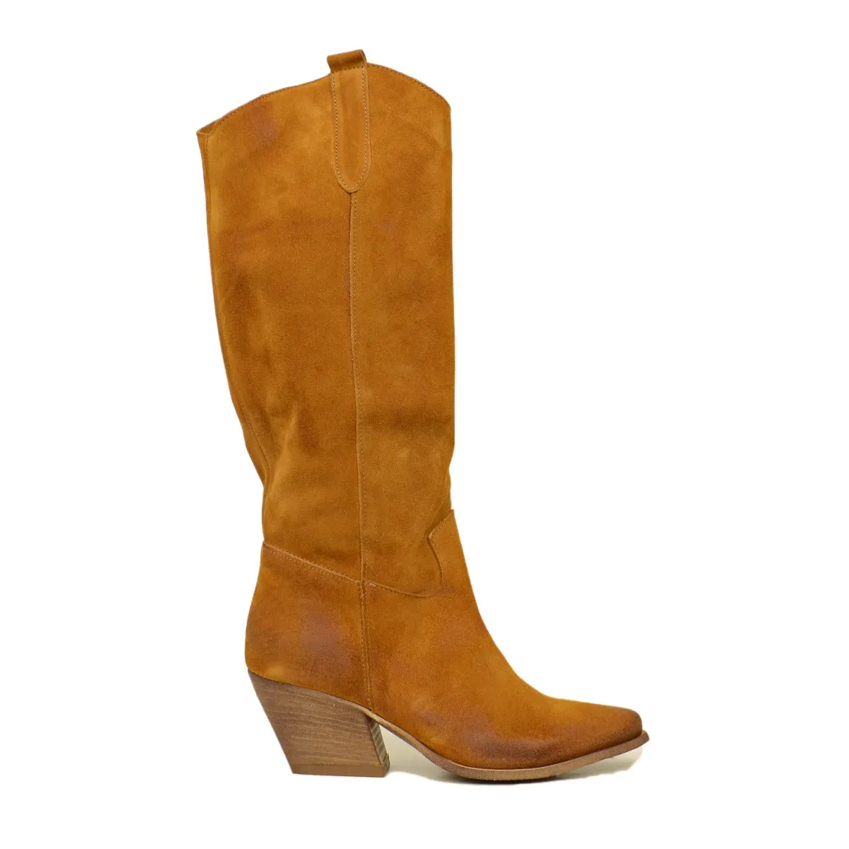Stivali Donna Texani in Pelle Scamosciata Cuoio Made in Italy