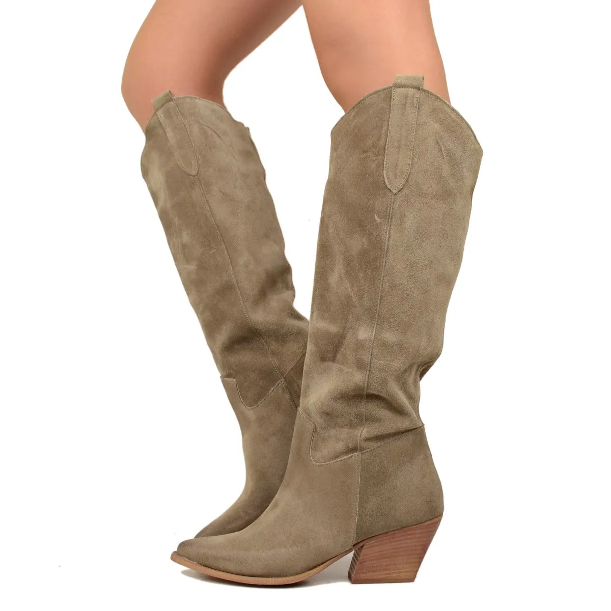 Stivali Donna Texani in Pelle Scamosciata Taupe Made in Italy