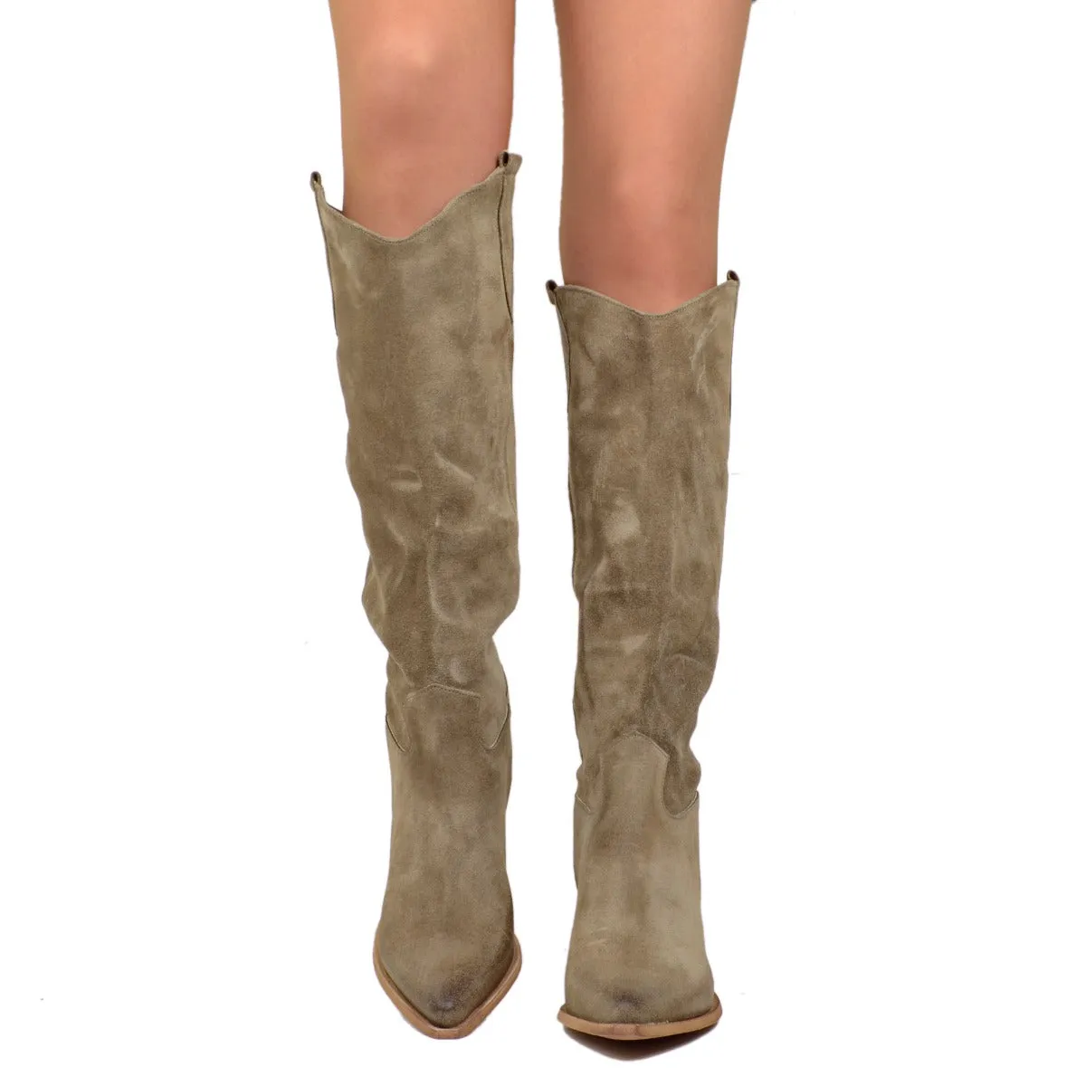 Stivali Donna Texani in Pelle Scamosciata Taupe Made in Italy