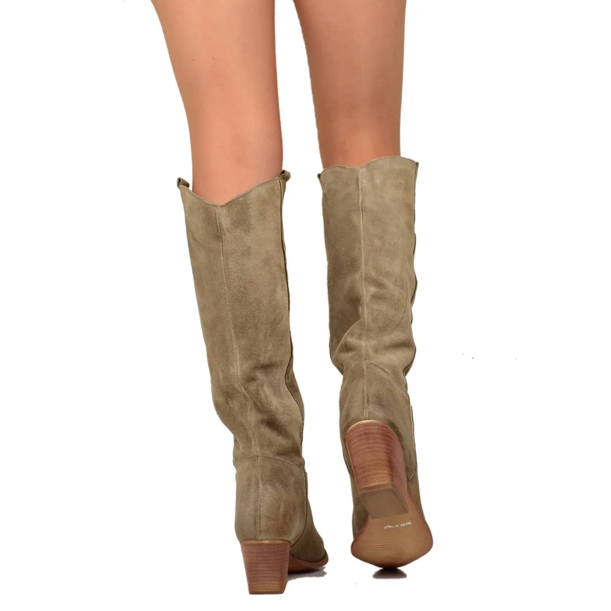 Stivali Donna Texani in Pelle Scamosciata Taupe Made in Italy