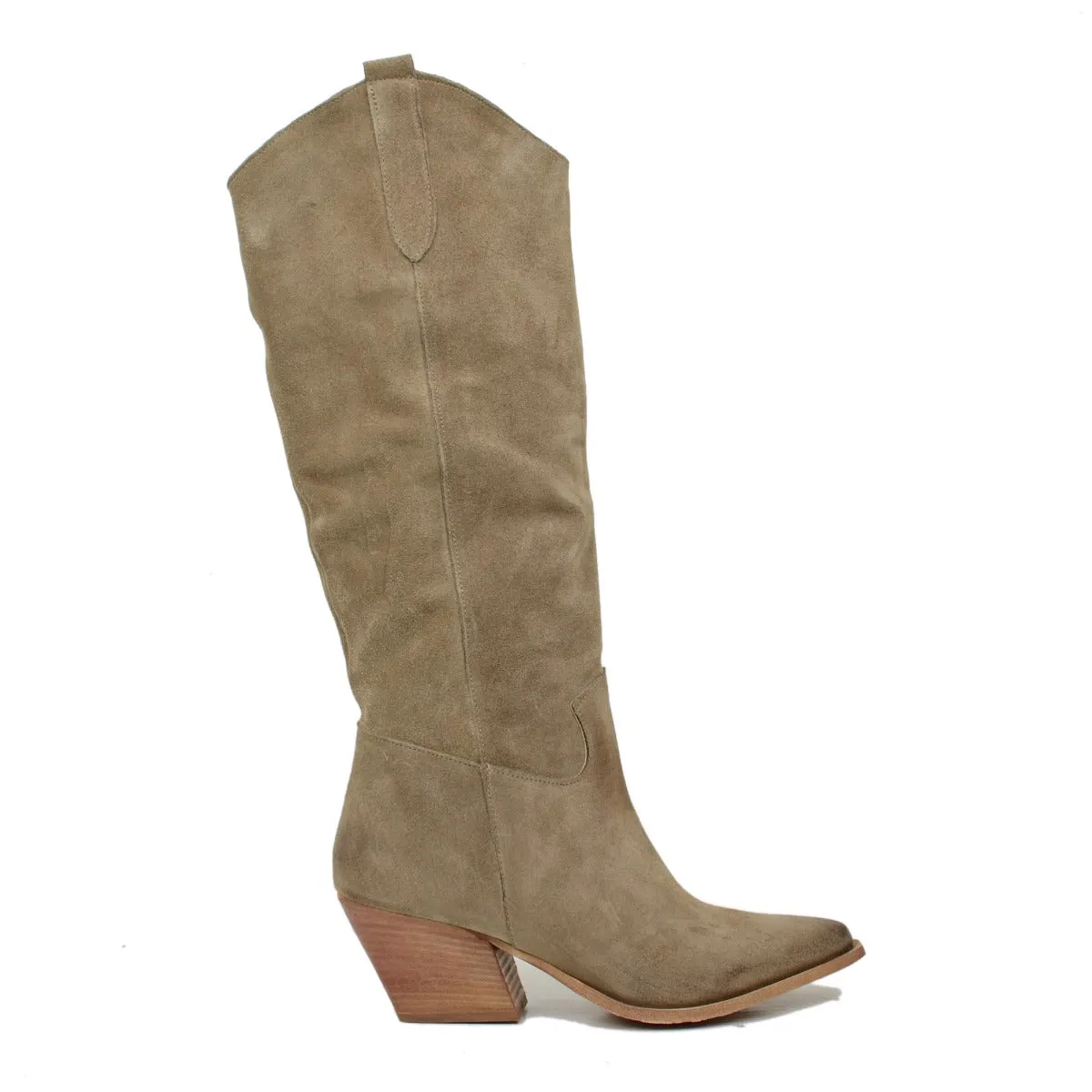 Stivali Donna Texani in Pelle Scamosciata Taupe Made in Italy