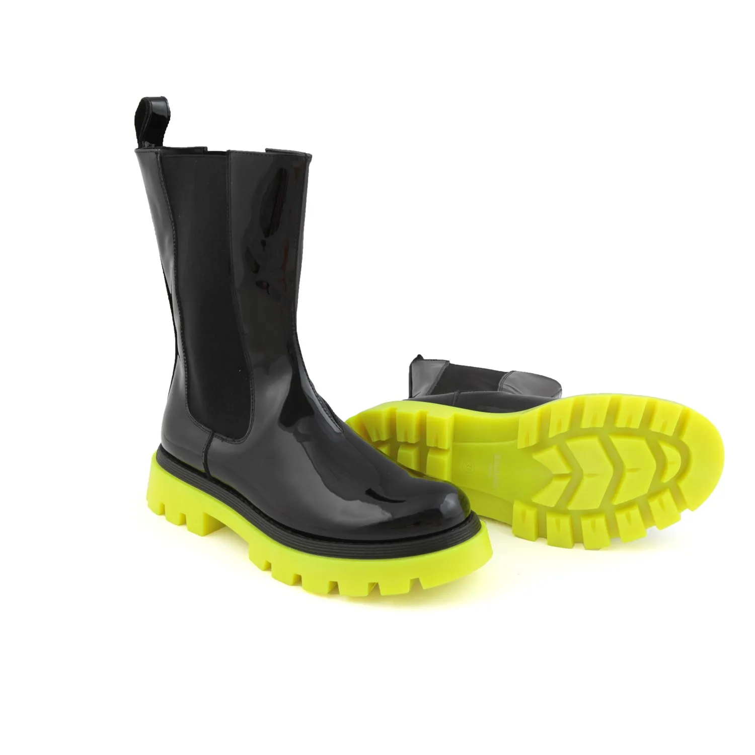 Stivali Neri E Giallo Fluo In Pelle