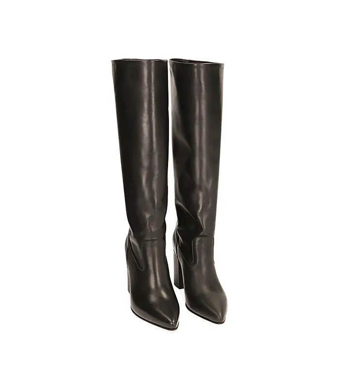 Stivali neri in pelle, tacco 9 cm