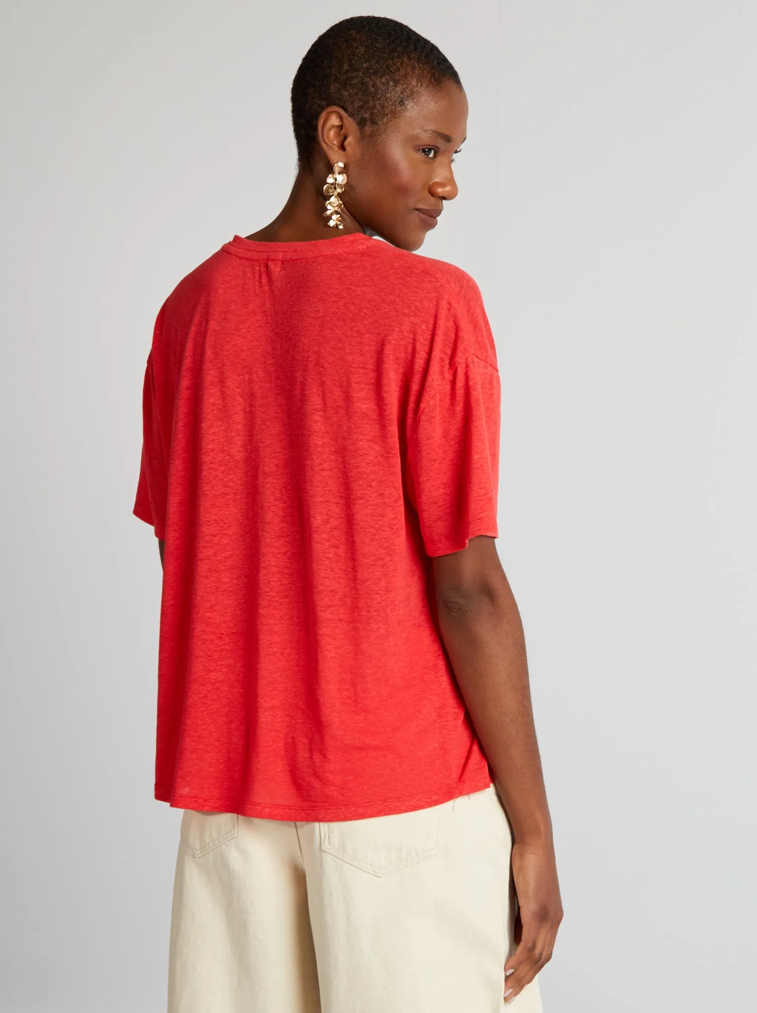 T-shirt con scollo a V con lino - rosso