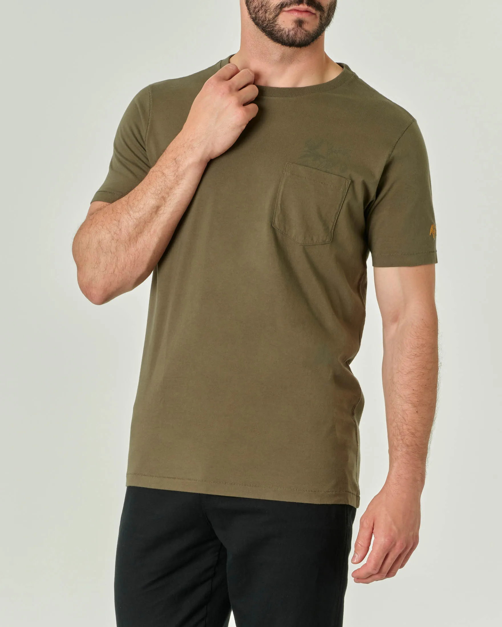 T-shirt mezza manica verde militare con taschino in pima cotton