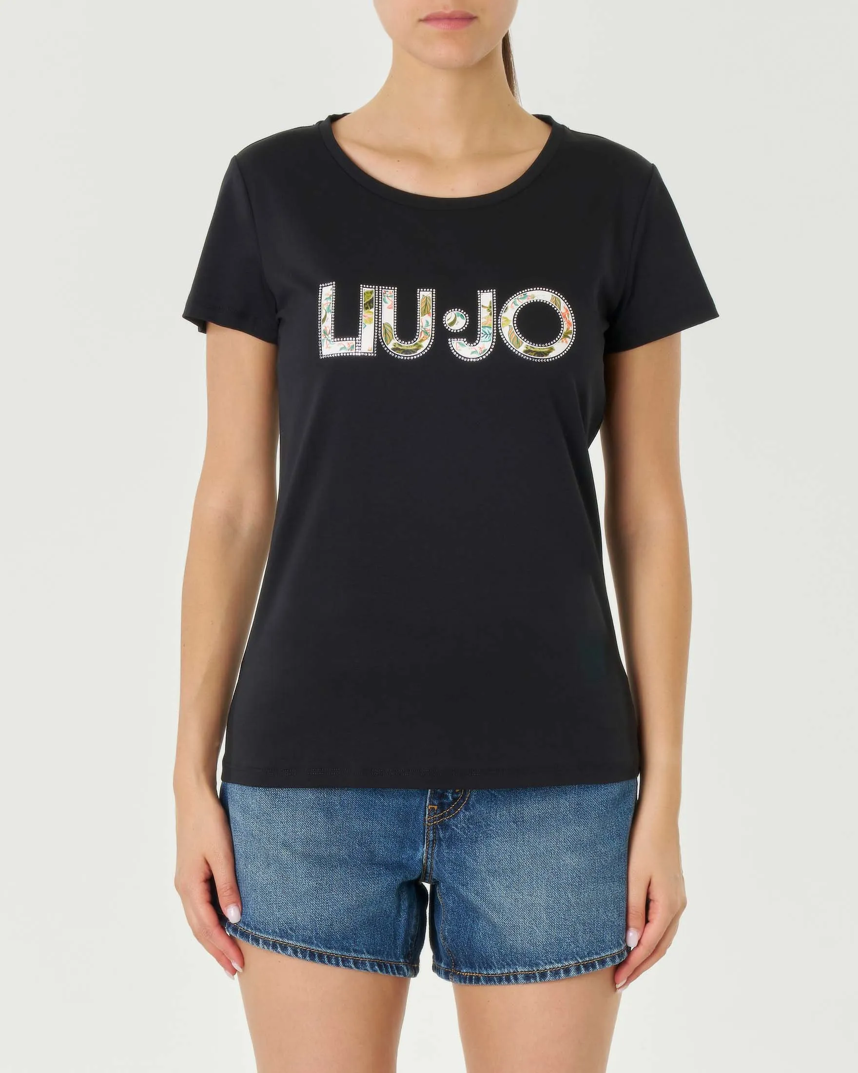 T-shirt nera in cotone stretch con stampa maxi logo a fantasia tropicale con bordi in strass
