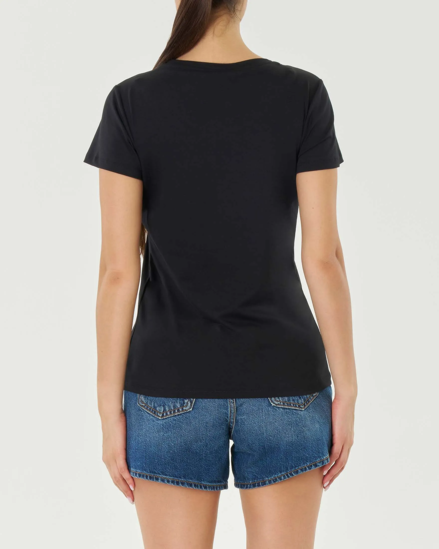 T-shirt nera in cotone stretch con stampa maxi logo a fantasia tropicale con bordi in strass