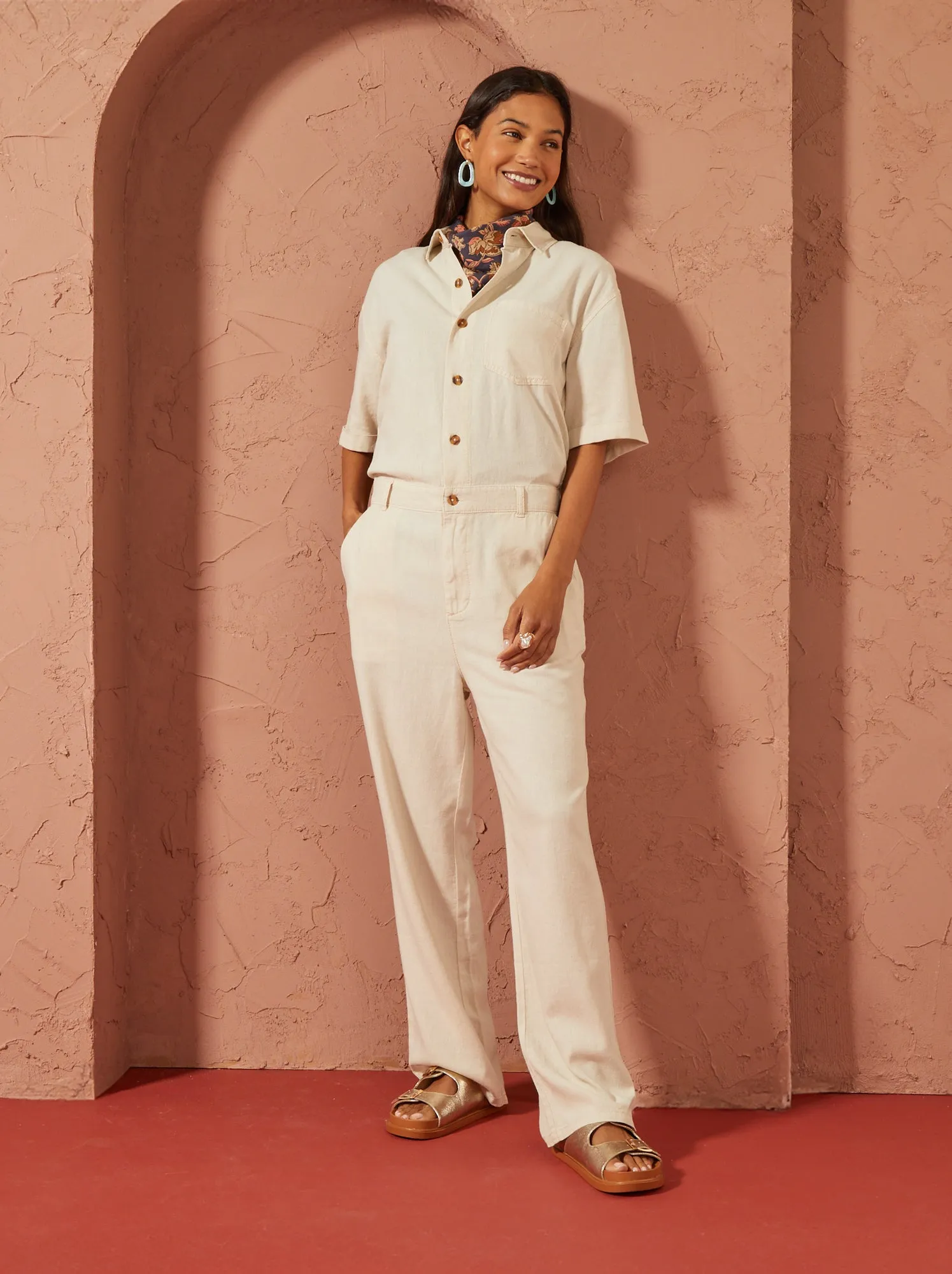 Tuta in misto lino a maniche corte - Unisex - BEIGE