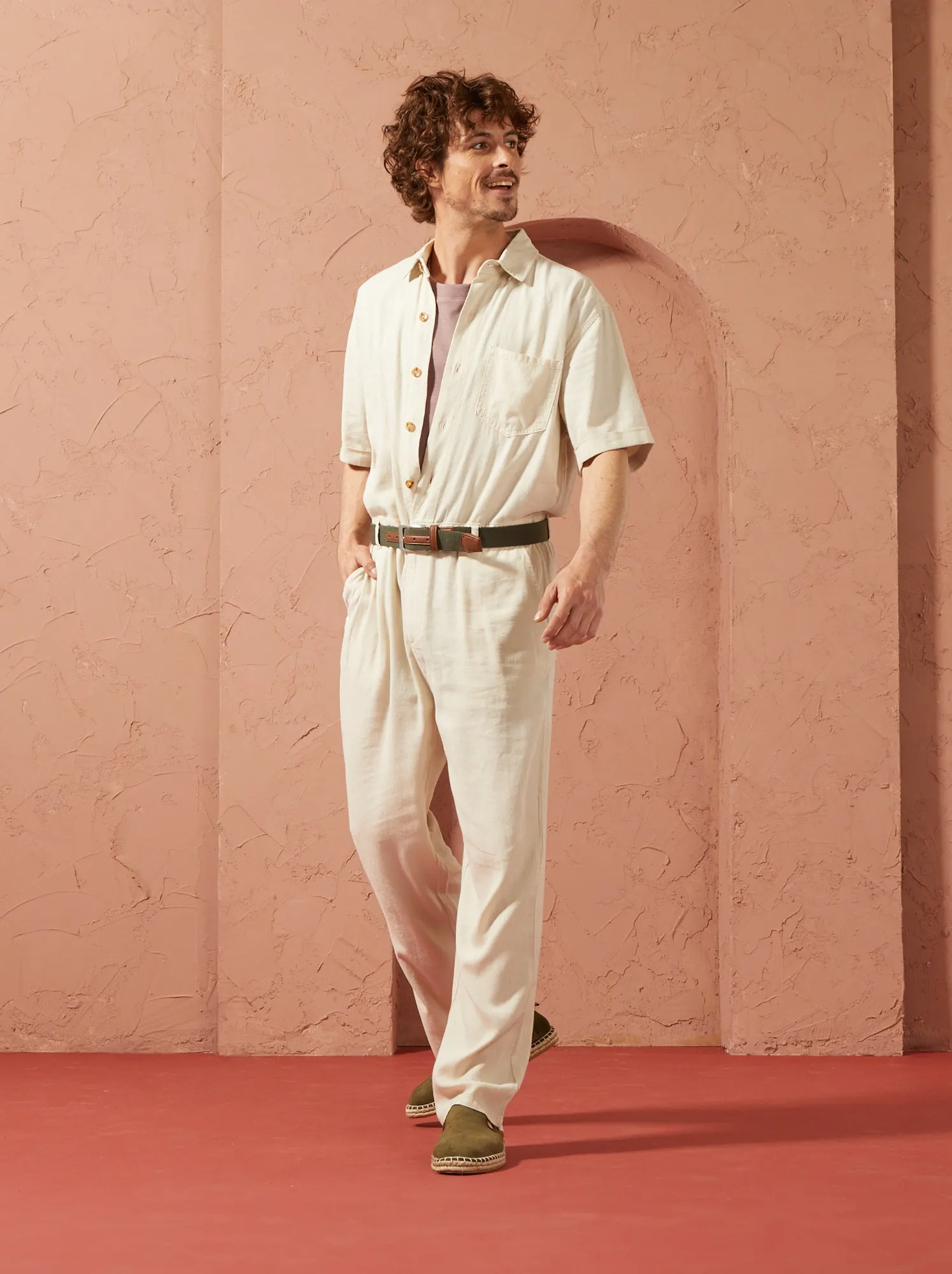 Tuta in misto lino a maniche corte - Unisex - BEIGE
