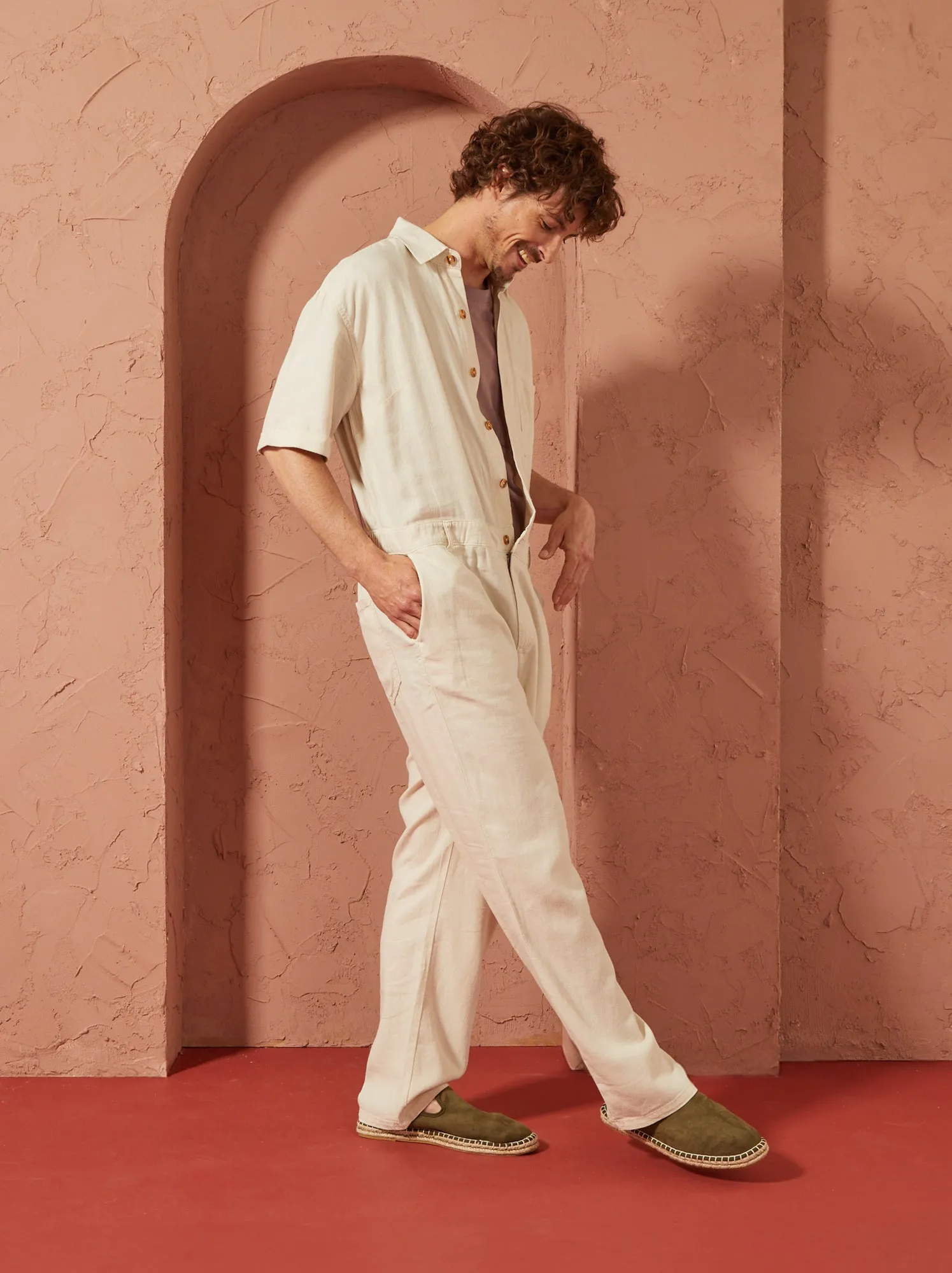 Tuta in misto lino a maniche corte - Unisex - BEIGE