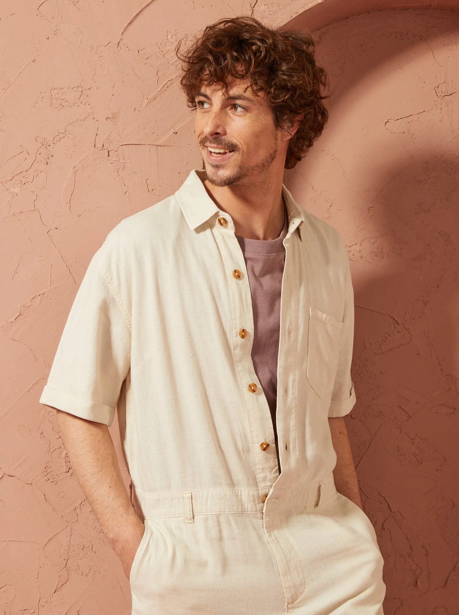 Tuta in misto lino a maniche corte - Unisex - BEIGE