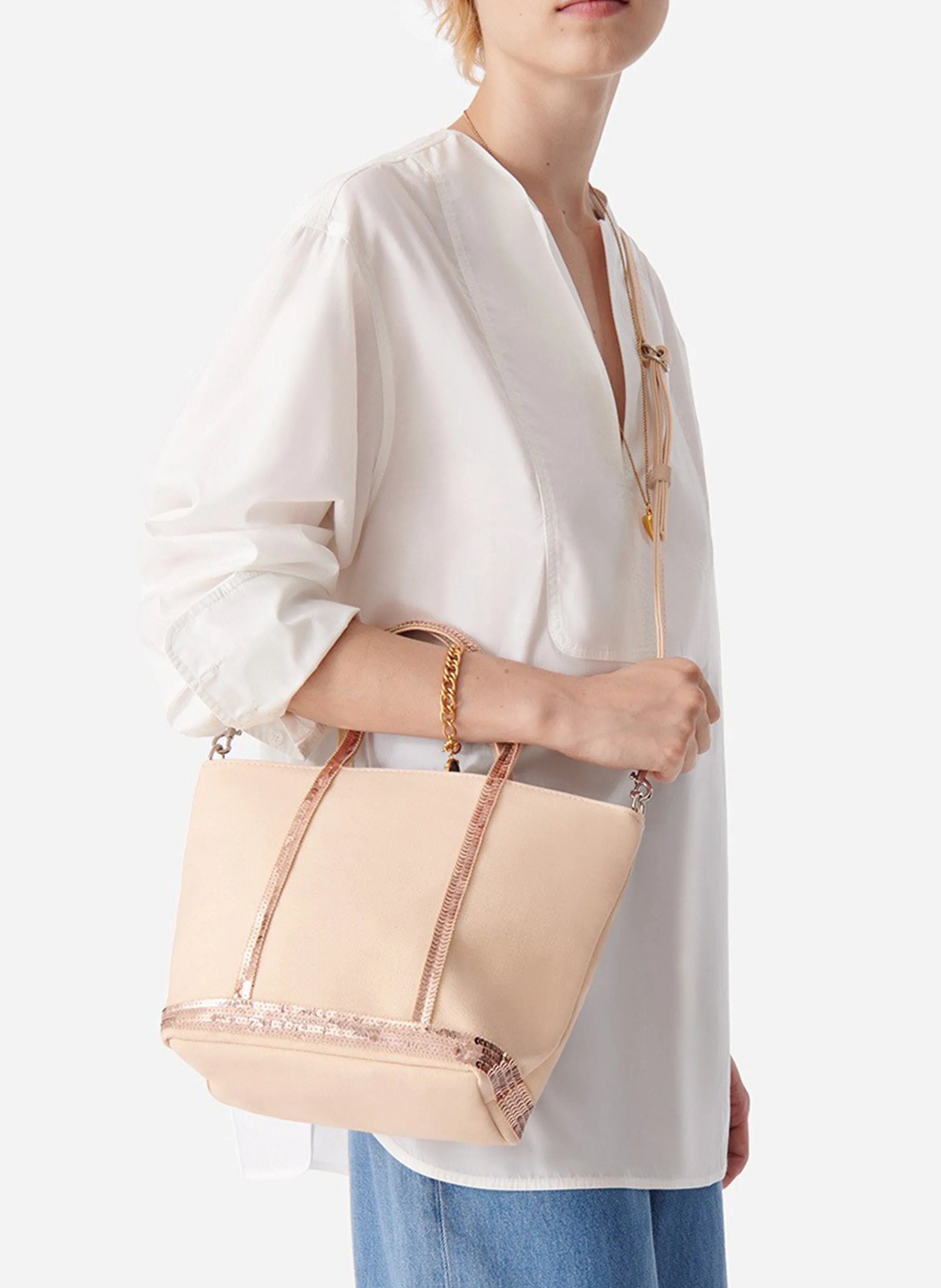  VANESSA BRUNO   Mini shopping bag in cotone con paillettes | Beige