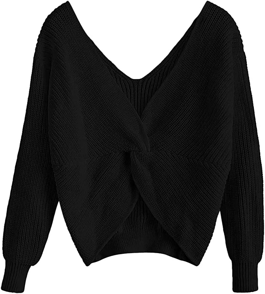 ZAFUL Maglioni Donna Sexy Elegant Annodato Spalla Scollo a V Profondo a Maniche Lunghe Primavera e Autunno