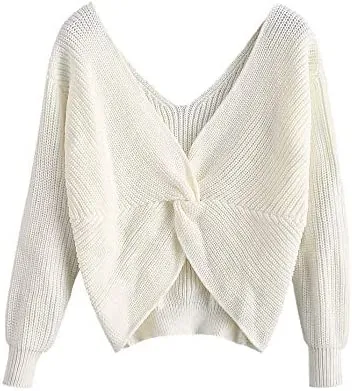 ZAFUL Maglioni Donna Sexy Elegant Annodato Spalla Scollo a V Profondo a Maniche Lunghe Primavera e Autunno
