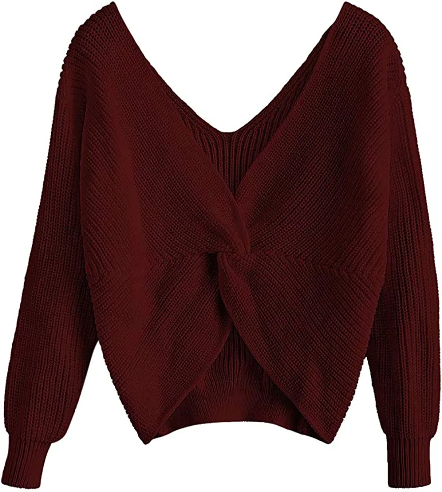 ZAFUL Maglioni Donna Sexy Elegant Annodato Spalla Scollo a V Profondo a Maniche Lunghe Primavera e Autunno