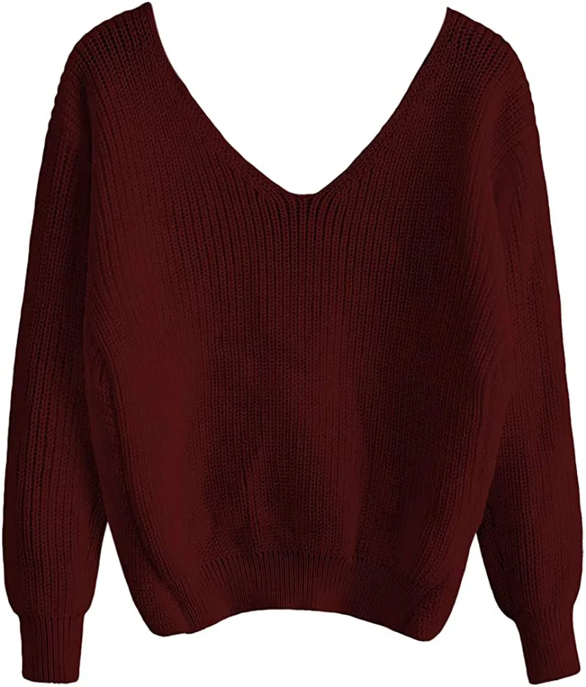 ZAFUL Maglioni Donna Sexy Elegant Annodato Spalla Scollo a V Profondo a Maniche Lunghe Primavera e Autunno